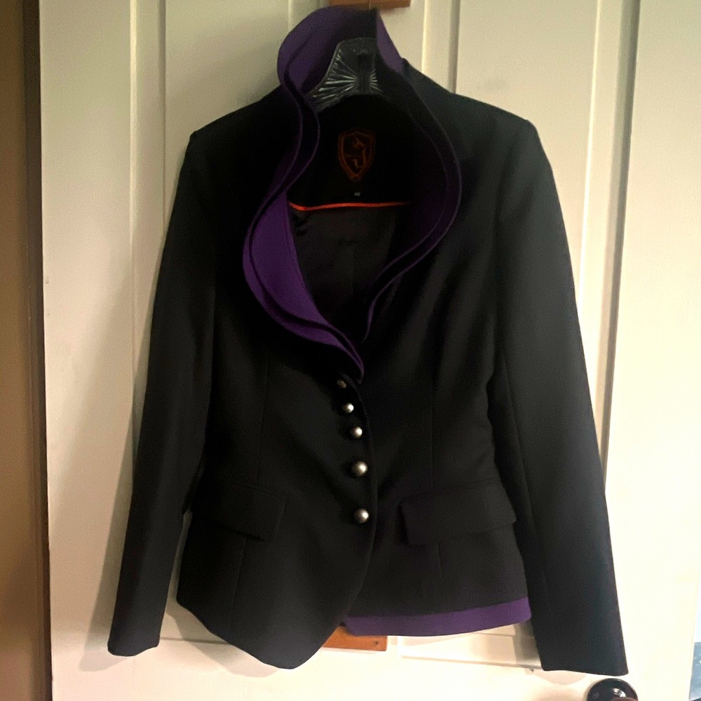 Women's English Show Coat Jacket Black Purple Trim Ruffle Front XS